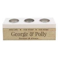 Personalised Our Life Story And Home Triple Tea Light Holder