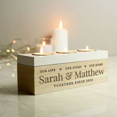 Personalised Our Life Story And Home Triple Tea Light Holder