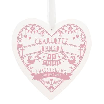Personalised Pink Papercut Style Wooden Heart Decoration