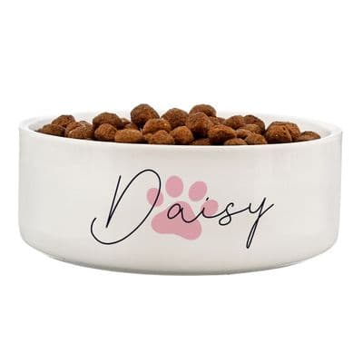 Personalised Pink Paw Print Medium Pet Bowl