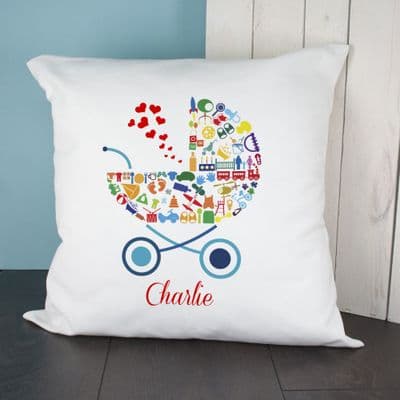 Personalised Pram Baby Boy Cushion Cover