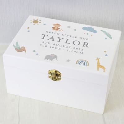 Personalised Safari Animals White Wooden Keepsake Box
