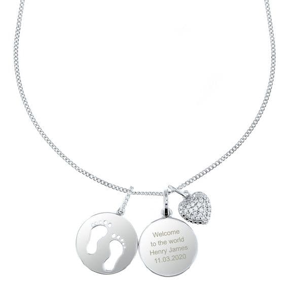 Personalised Sterling Silver & cubic Zirconia Heart Footprints Necklace