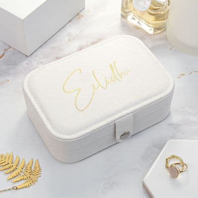 Personalised White And Gold Glitter Jewellery Case