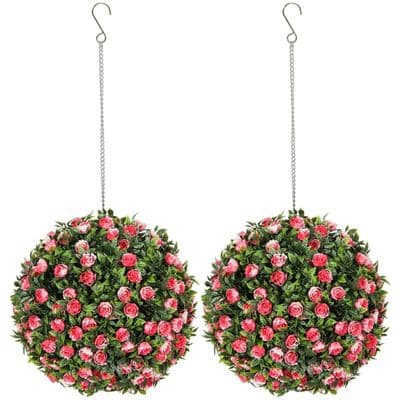Set Of 2 Artificial Pink Rose Hanging Topiary  Balls
