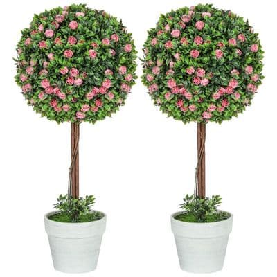 Set Of 2 Artificial Pink Rose Topiary Trees