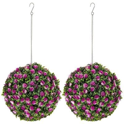 Set Of 2 Artificial Purple Rose Hanging Topiary Balls