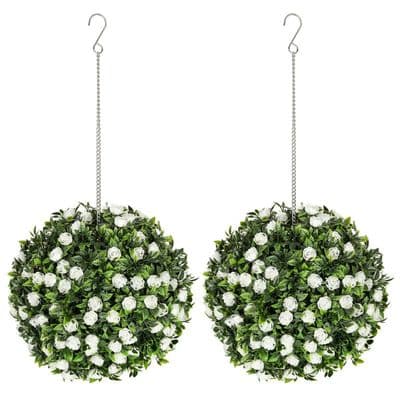 Set Of 2 Artificial White Rose Hanging Topiary  Balls
