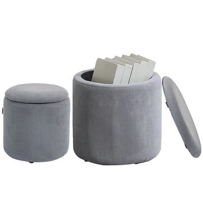 Set Of 2 Grey Ribbed Round Storage Ottomans