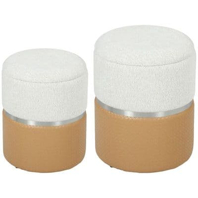 Set Of 2 Round Nesting Ottomans Cream & Brown