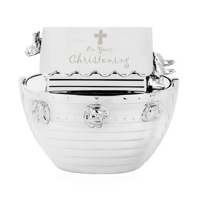 Silver Tone Noah's Ark Christening Money Box