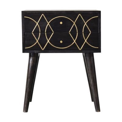 Solid Wood Ash Black Bedside Table With Brass Inlay
