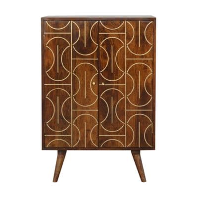 Solid Wood Chestnut Gold Brass Inlay Abstract Cabinet