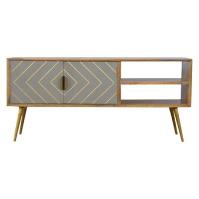 Solid Wood Media Unit With Sleek Cement Brass Inlay