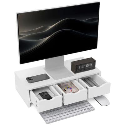 White Monitor Stand 3 Drawer Desktop Riser