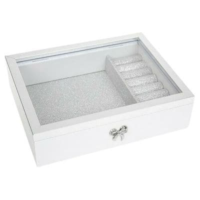 White Wood Glassed Topped Bow Motif Jewellery Box