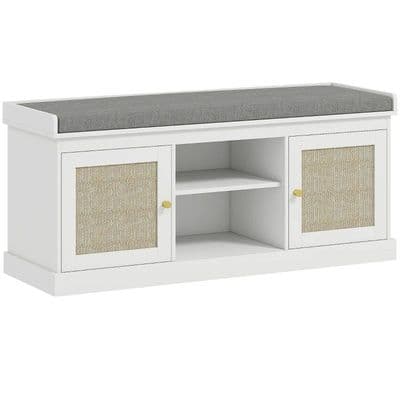 White Wooden Boho Storage Bench With Padded Cushion And Rattan Doors