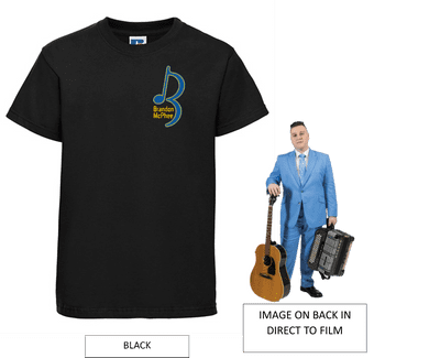 Brandon McPhee Adults T-Shirt with Left Breast Note Logo & Guitar & Accordion DTF On Back