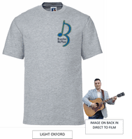 Brandon McPhee Adults T-Shirt with Left Breast Note Logo & Guitar DTF On Back