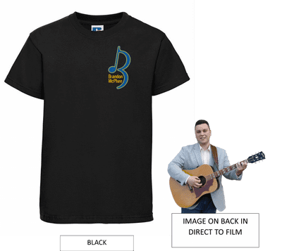 Brandon McPhee Adults T-Shirt with Left Breast Note Logo & Guitar DTF On Back