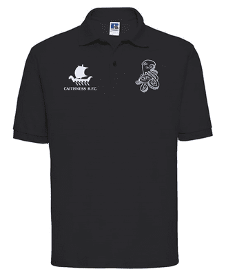 CAITHNESS WOMEN'S RUGBY FOOTBALL CLUB ADULT BLACK POLO SHIRT WITH 2 EMBROIDERED LOGOS