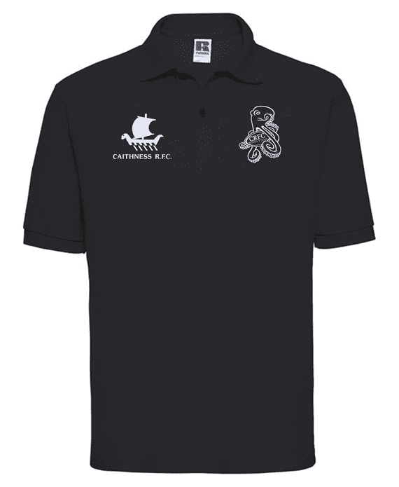 CAITHNESS WOMEN'S RUGBY FOOTBALL CLUB ADULT BLACK POLO SHIRT WITH 2 EMBROIDERED LOGOS