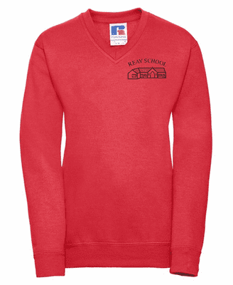 REAY PRIMARY  SCHOOL BRIGHT RED  V-NECK SWEATSHIRT WITH LOGO