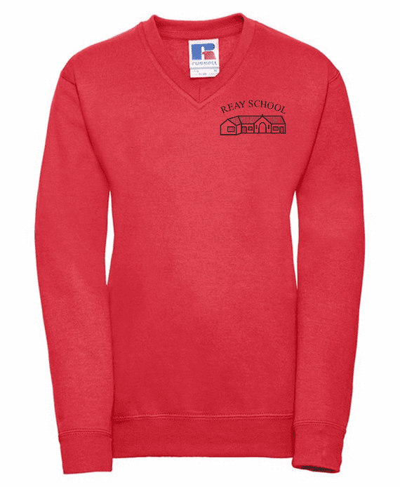 REAY PRIMARY  SCHOOL BRIGHT RED  V-NECK SWEATSHIRT WITH LOGO