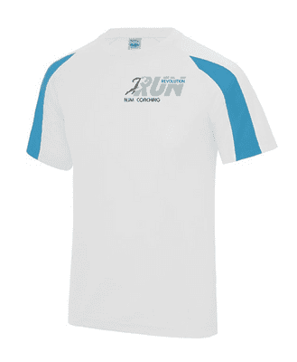 RUN REVOLUTION ARTIC WHITE/SAPPHIRE BLUE COOL CONTRAST T-SHIRT WITH LEFT BREAST HEAT SEAL