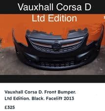 VAUXHALL CORSA D FRONT BUMPER. LTD EDITION BLACK. INC GRILL. 2012 - 2014.