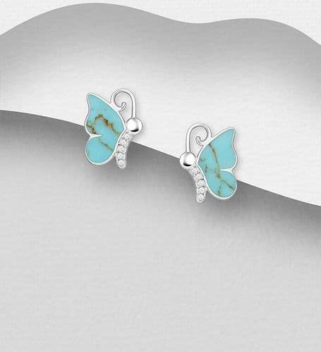 )925 Sterling Silver Butterfly Push-Back Earrings, Resin and Decorated with CZ Simulated Diamonds