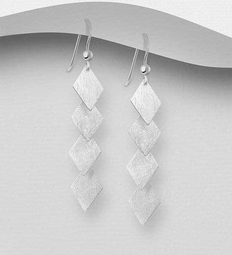 💫 925 Sterling Silver Cascade of 4 Matte Rhombus Hook Earrings – Modern Geometry in Motion ✨