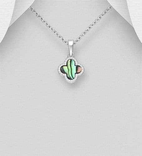 ✨ 925 Sterling Silver Clover Pendant & Chain Decorated with Genuine Abalone Shell