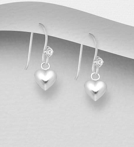 💖 925 Sterling Silver Heart Hook/Drop Earrings set with a Sparkling Crystal