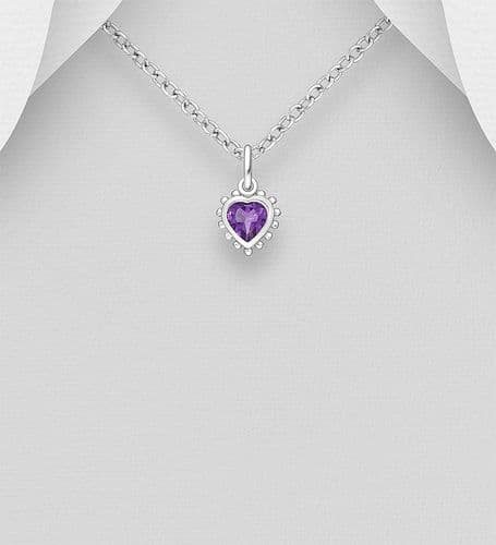 💗925 Sterling Silver Heart Pendant & Chain, Decorated with Amethyst