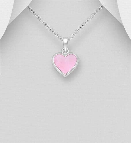 💗 925 Sterling Silver Heart Pendant & Chain-Decorated with Pink Mother of Pearl Shell