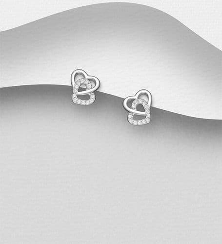 ✨ 925 Sterling Silver Heart Push‑Back / Stud Earrings, Decorated with CZ Simulated Diamonds