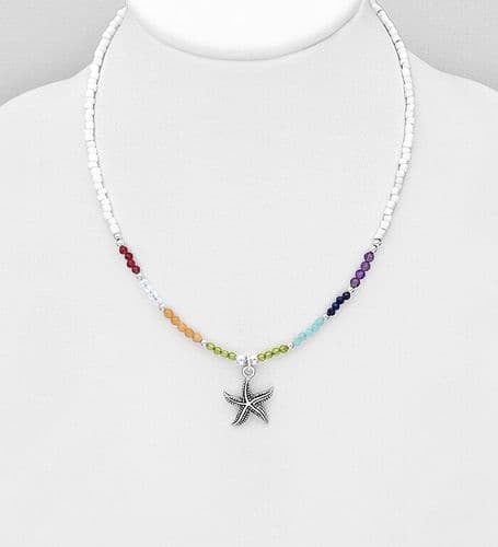 💜925 Sterling Silver Oxidized Starfish Necklace,  Beaded With Various Gem Stones