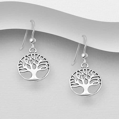 925 Sterling Silver Small Round Tree Of Life Hook/Drop Earrings
