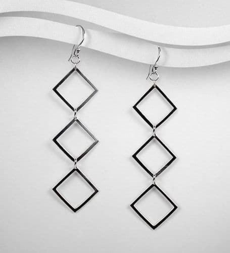 💫 925 Sterling Silver Triple Diamond Drop/Hook Earrings – Polished Silver Finish