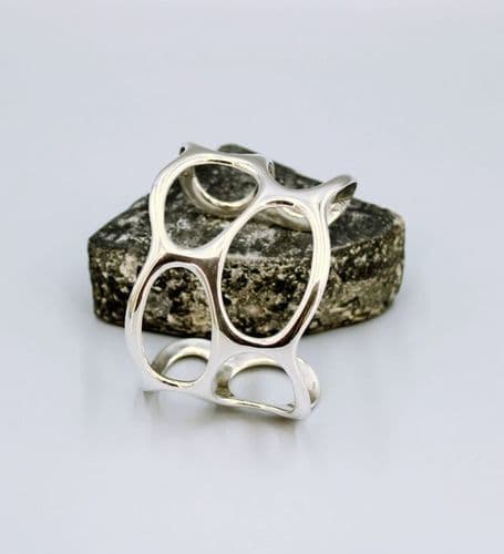 )Handcrafted 925 Solid Sterling Silver Artisan-Made Polished Cuff Bangle - Limited Edition