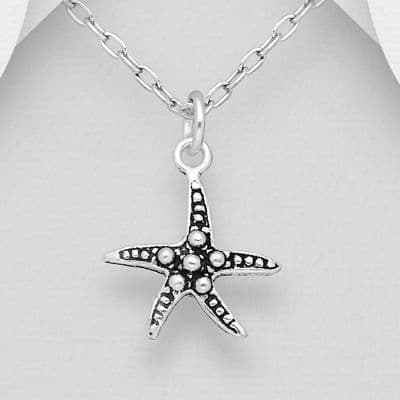 🌊 Small Hand Crafted 925 Sterling Silver Oxidized Starfish Pendant & Chain