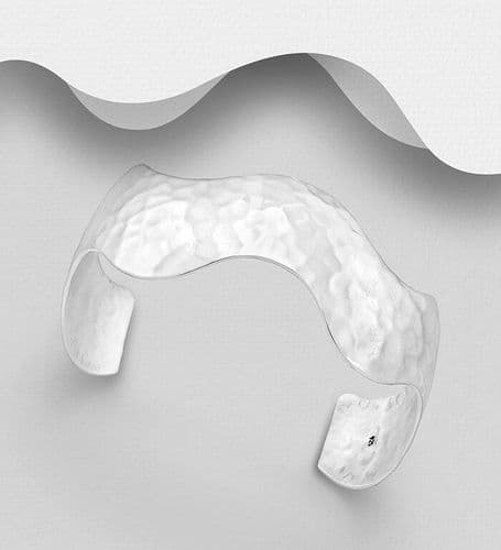 925 Solid Silver Hand Made Cuff Bangle With A Hammered Finish - Exclusive Design -One-Of-A-Kind
