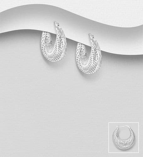 925 Sterling Silver 10mm Wide Filigree Hinged-Back Hoop Earrings