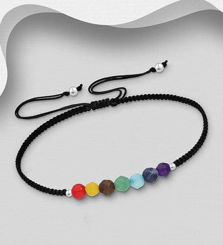 925 Sterling Silver Adjustable Chakra Bracelet, Beaded with Gem Stones: In 4 colours