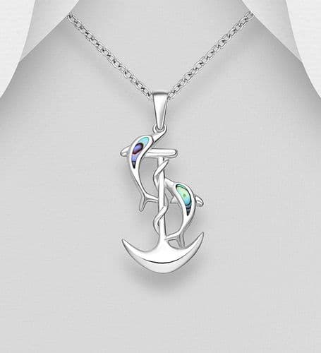 925 Sterling Silver Anchor and Dolphin Pendant & Chain, Decorated with Abalone Shell
