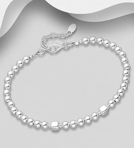925 Sterling Silver Ball and Cubic Bead Bracelet - 4mm Ball