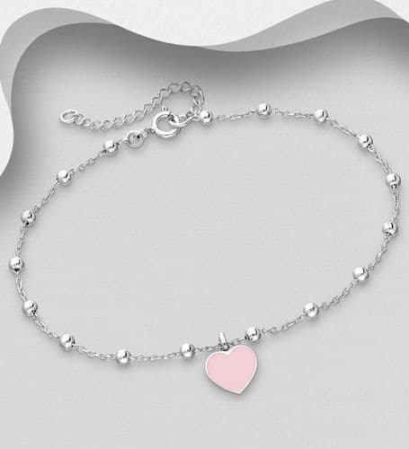925 Sterling Silver Ball Bracelet and Heart Decorated with Pink or Turquoise Colour Enamel