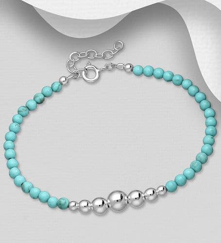 925 Sterling Silver Ball Bracelet, Beaded with Reconstructed Light Green Turquoise Metal: 925 Sterli