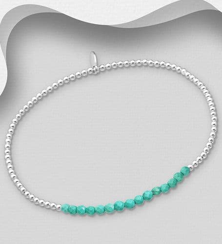 925 Sterling Silver Ball Elastic Bracelet, Beaded with Reconstructed Light Green Turquoise